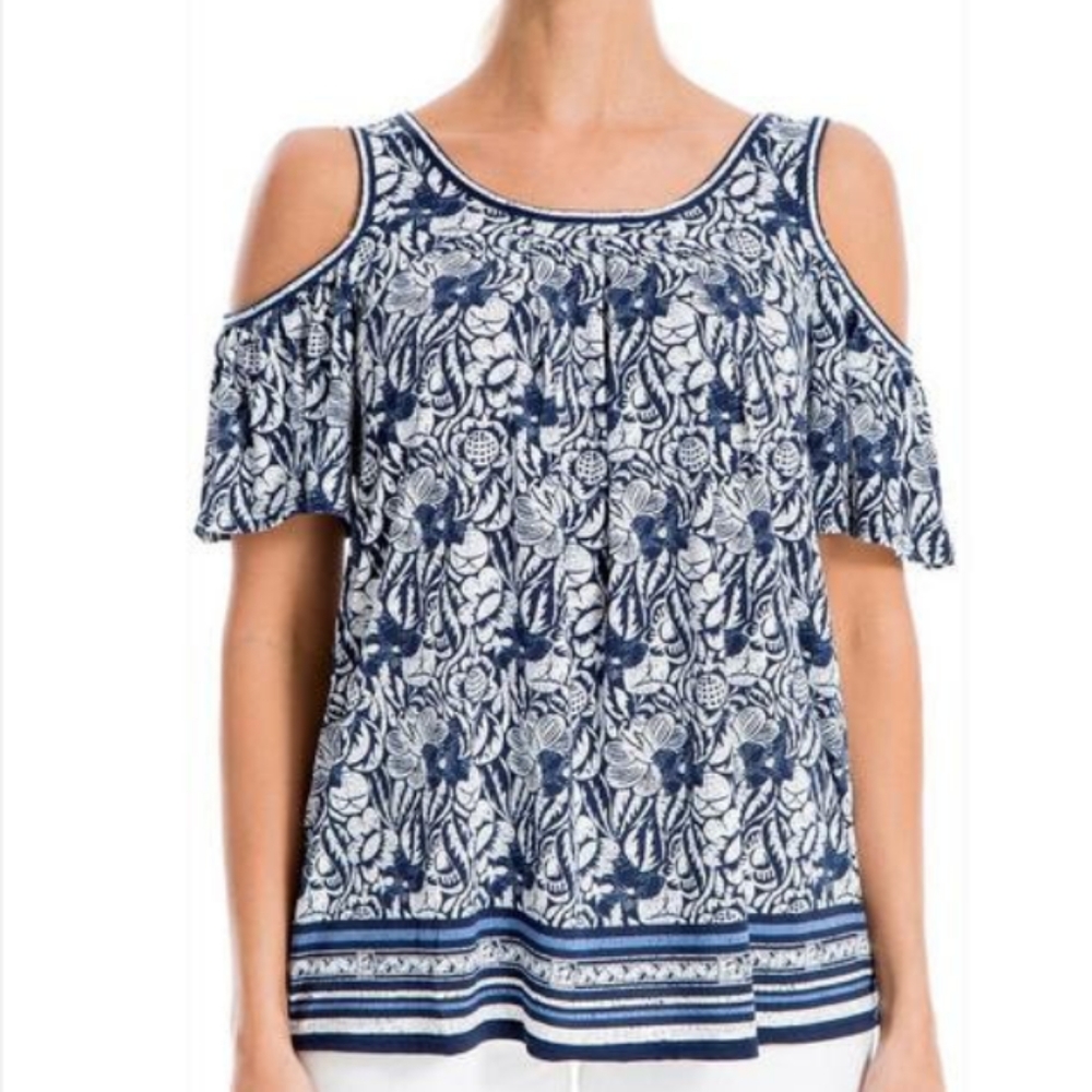 Max Studio Womens Floral Print Cold Shoulder Top
